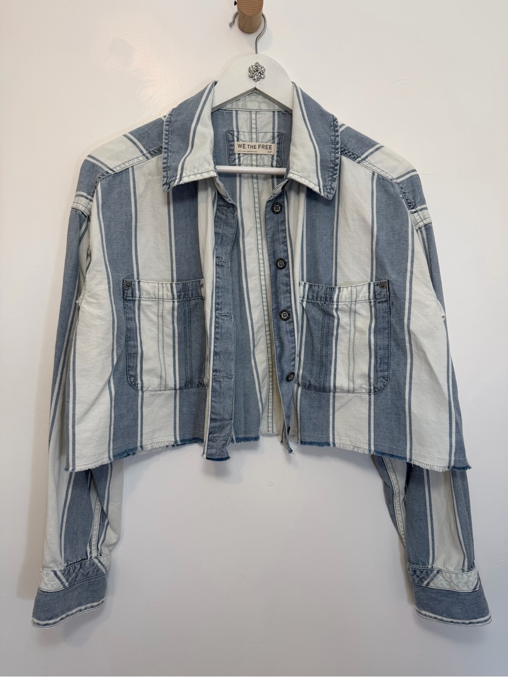 We The Free Cropped Blue and White Striped Denim Jacket